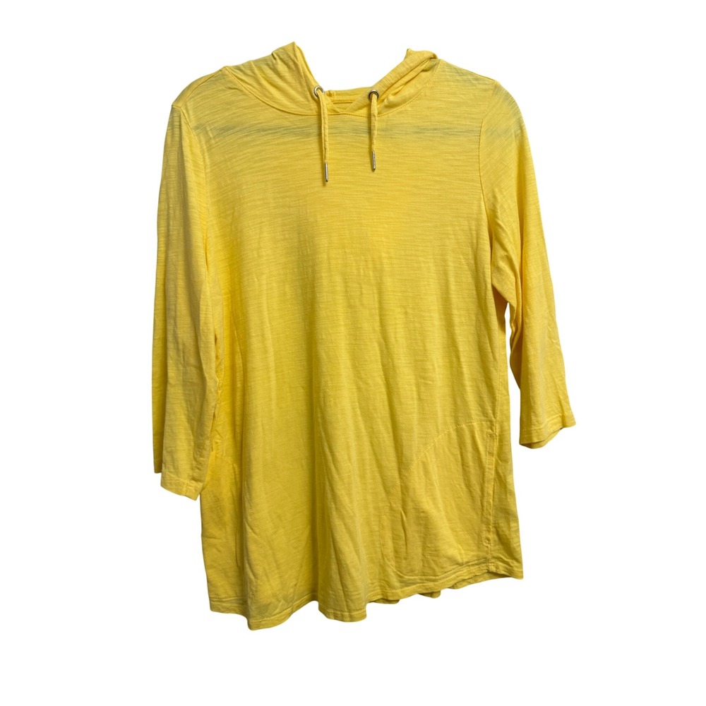Belle by Kim Gravel Yellow Slub Knit Hoodie 3/4 Sleeve Pockets Size Medium Top